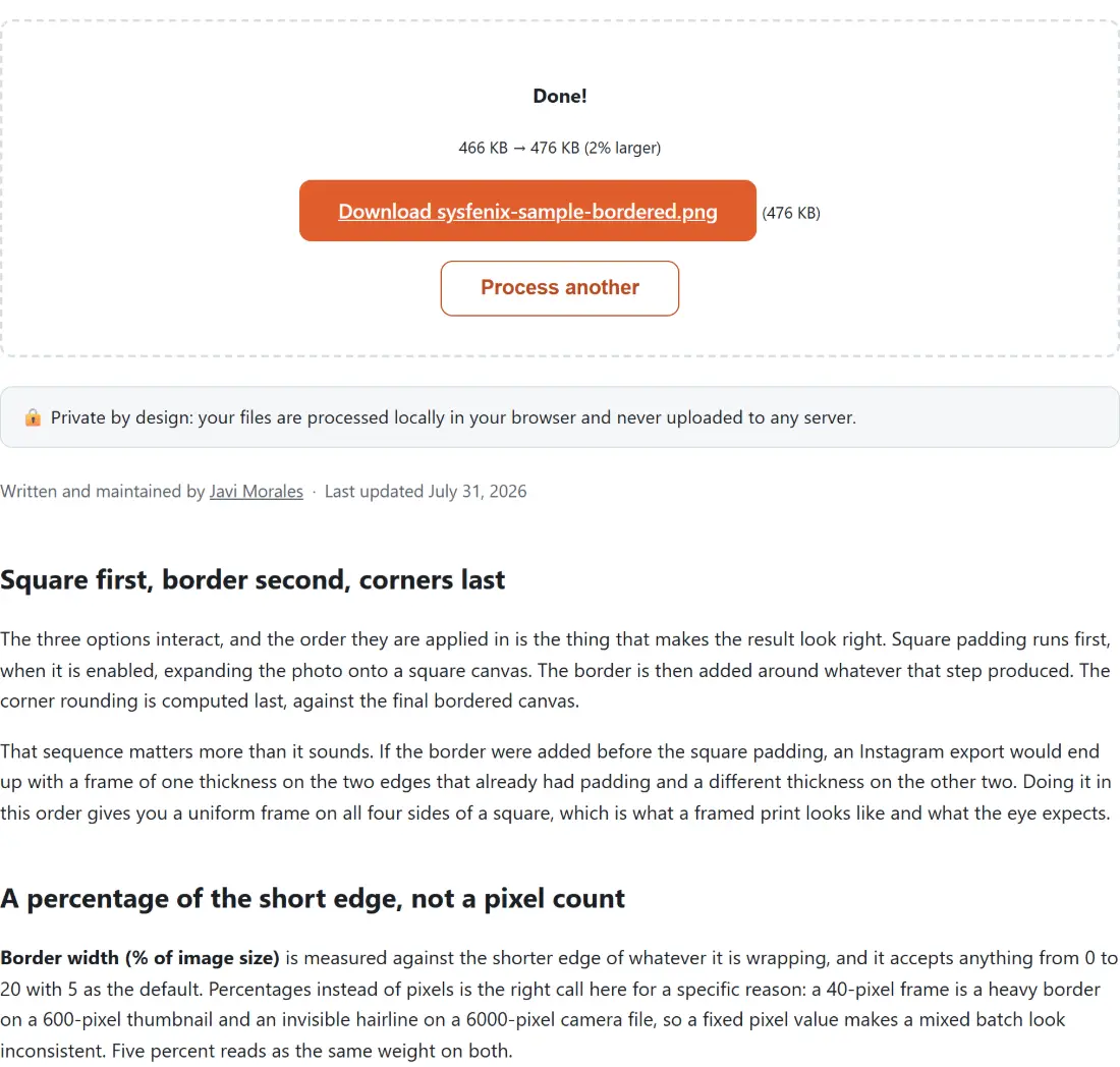 Screenshot of the Add a Border to an Image result screen showing sysfenix-sample-bordered.png ready to download (476 KB, 2% larger)