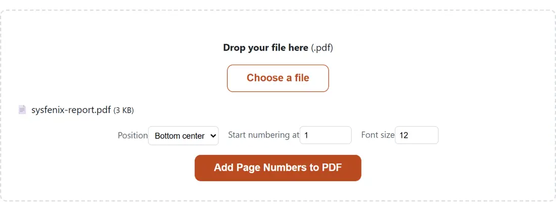 Screenshot of the Add Page Numbers to PDF tool with sysfenix-report.pdf (3 KB) loaded, Position set to Bottom center, Start numbering at set to 1