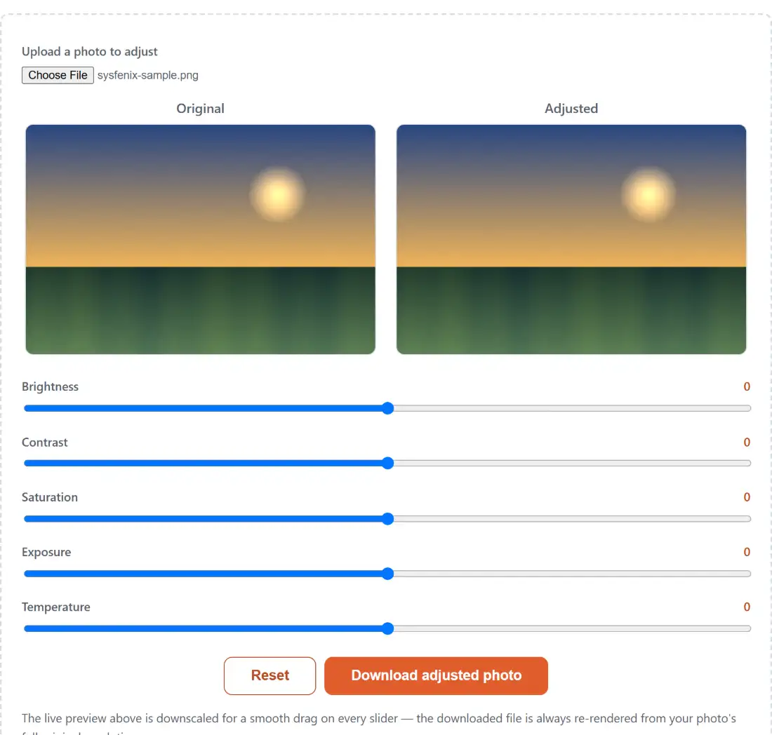 Screenshot of the Adjust Image Brightness & Color result screen showing the image loaded with live brightness, contrast and colour controls applied to a preview beside the original