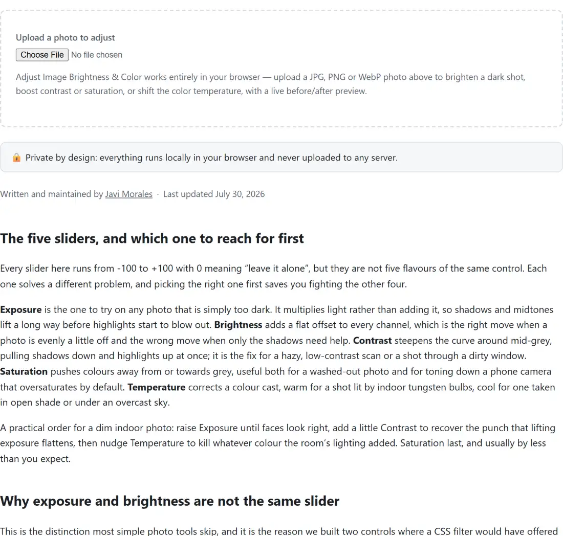 Screenshot of the Adjust Image Brightness & Color tool with an empty dropzone waiting for a JPEG, PNG or WebP to adjust