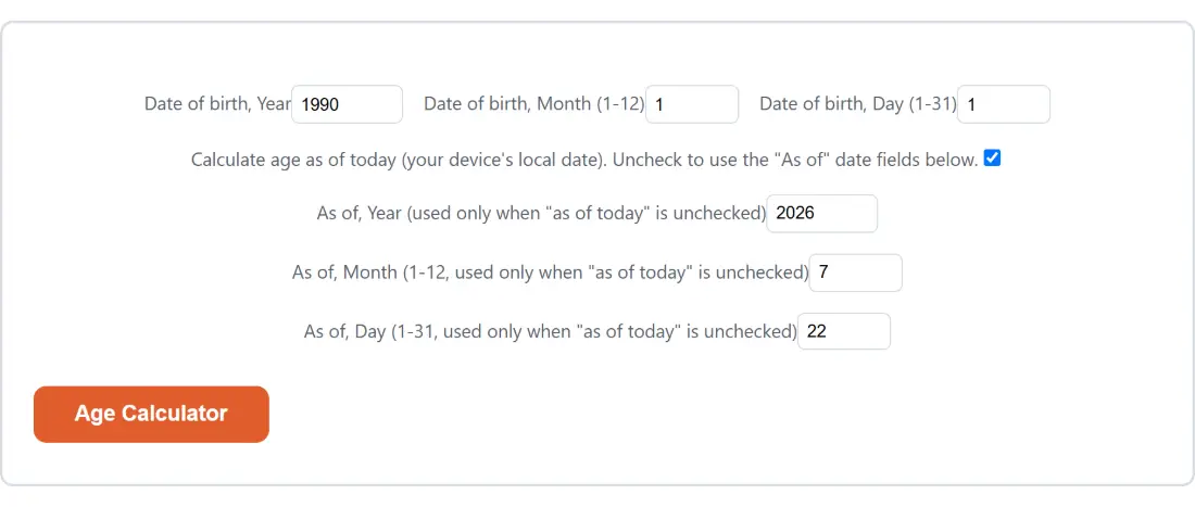 Screenshot of the Age Calculator tool with Date of birth, Year set to 1990, Date of birth, Month (1-12) set to 1