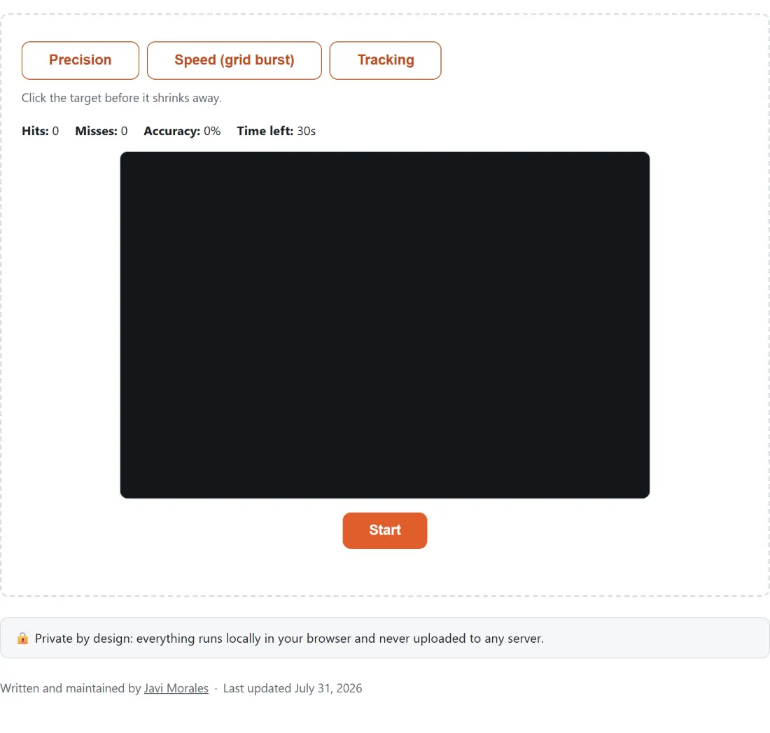 Screenshot of the Aim Trainer tool with three modes - precision, speed as a grid burst, and tracking - with the precision task stated as clicking the target before it shrinks away, scored on hits, misses, accuracy and time left