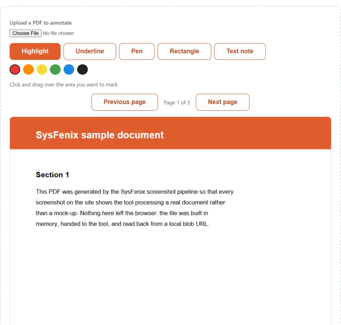 Screenshot of the Annotate PDF result screen showing the PDF rendered page by page with the annotation tools available over it