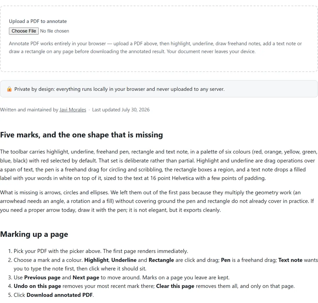 Screenshot of the Annotate PDF tool with an empty dropzone waiting for a PDF to annotate