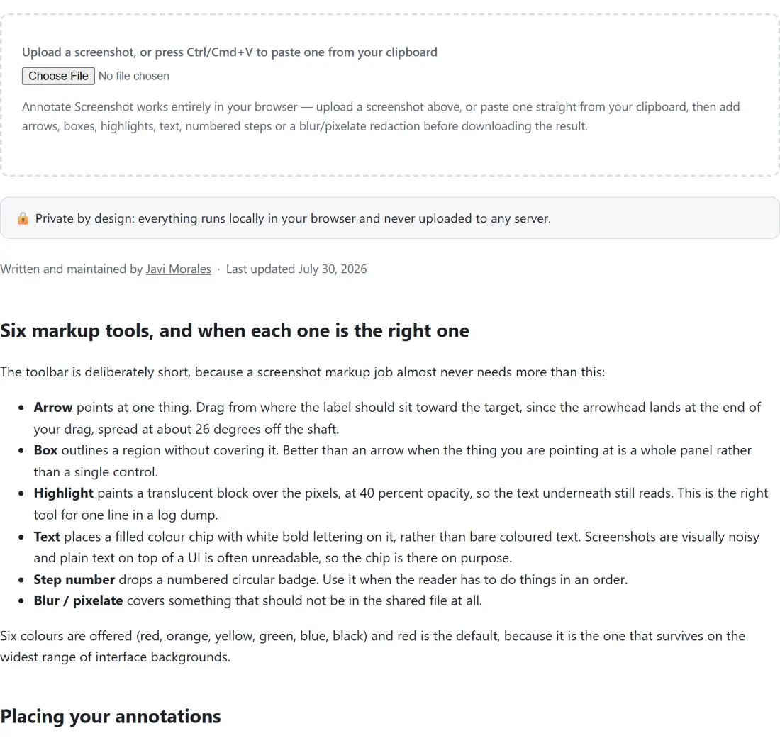 Screenshot of the Annotate Screenshot tool with an empty canvas that takes a screenshot by upload or straight from the clipboard with Ctrl or Cmd+V