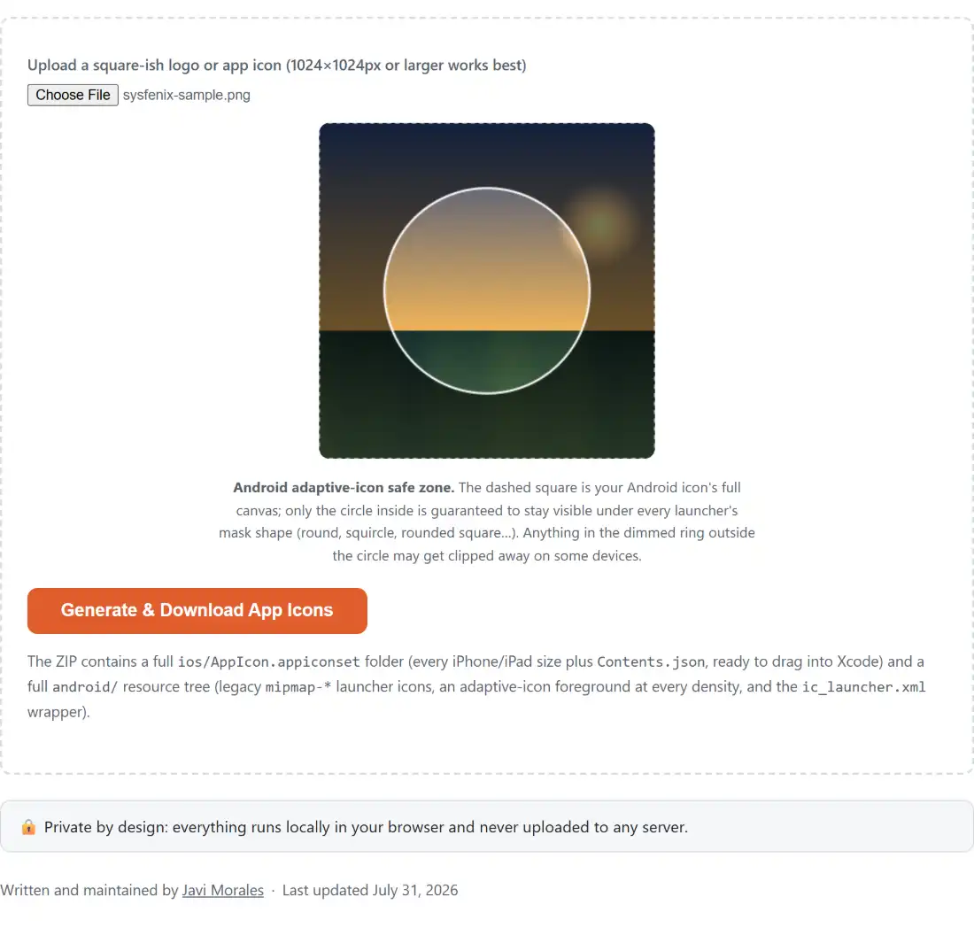 Screenshot of the App Icon Generator result screen showing the source image resized into the full set of platform icon sizes, previewed together before download