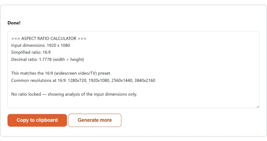 Screenshot of the Aspect Ratio Calculator result screen showing the generated output “=== ASPECT RATIO CALCULATOR === Input dimensions…”