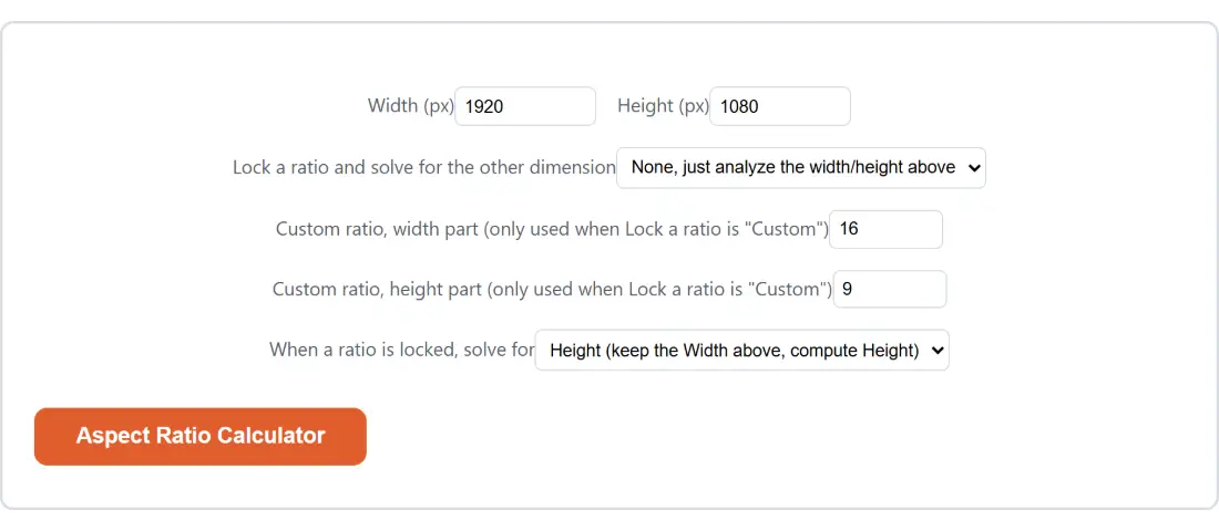 Screenshot of the Aspect Ratio Calculator tool with Width (px) set to 1920, Height (px) set to 1080