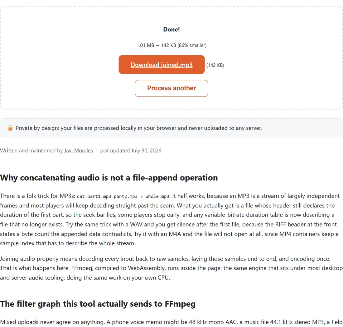 Screenshot of the Audio Joiner result screen showing joined.mp3 ready to download (142 KB, 73% smaller)