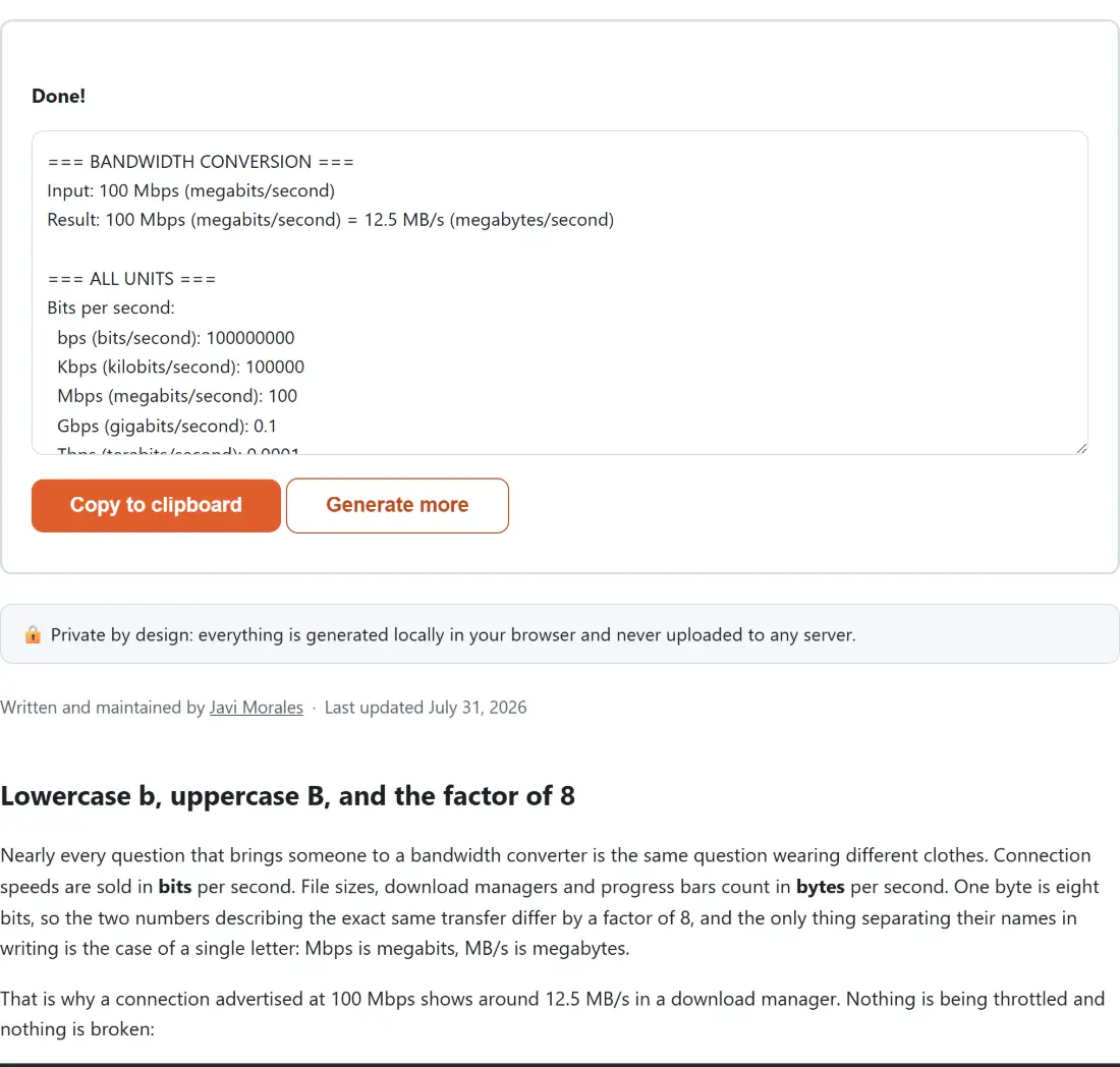 Screenshot of the Bandwidth Converter result screen showing the generated output “=== BANDWIDTH CONVERSION === Input: 100 Mbps (me…”