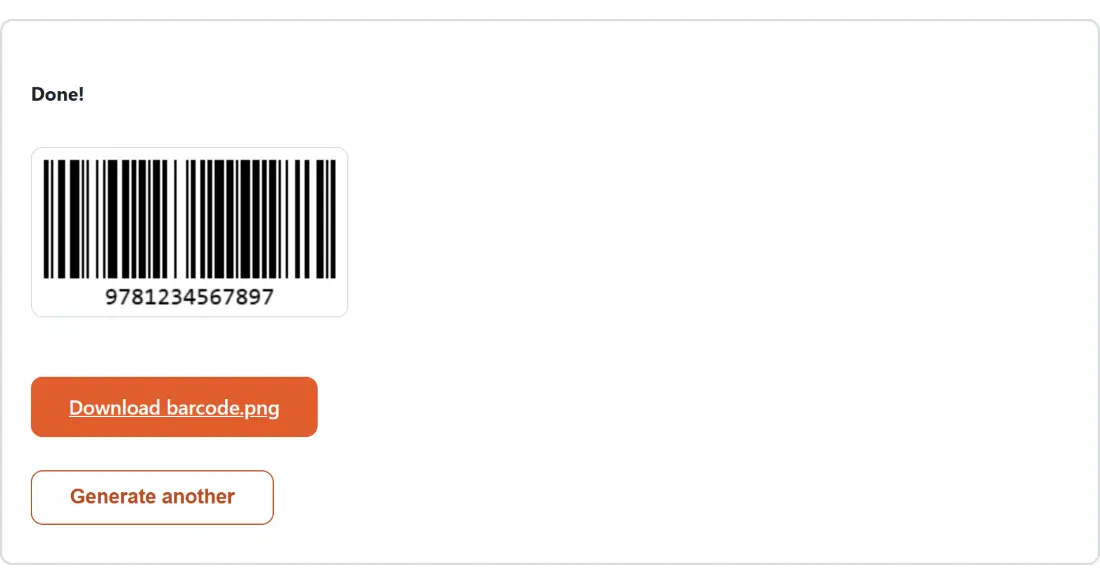 Screenshot of the Barcode Generator result screen showing barcode.png ready to download (4 KB)