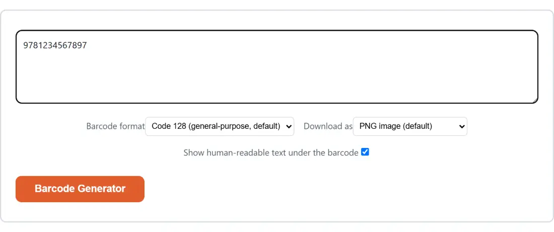 Screenshot of the Barcode Generator tool with the sample input “9781234567897”, Barcode format set to Code 128 (general-purpose, default), Download as set to PNG image (default)