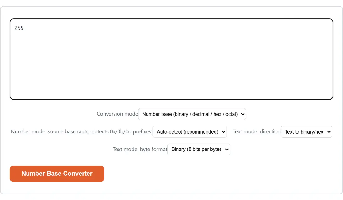 Screenshot of the Number Base Converter tool with the sample input “255”, Conversion mode set to Number base (binary / decimal / hex / octal), Number mode: source base (auto-detects 0x/0b/0o prefixes) set to Auto-detect (recommended)