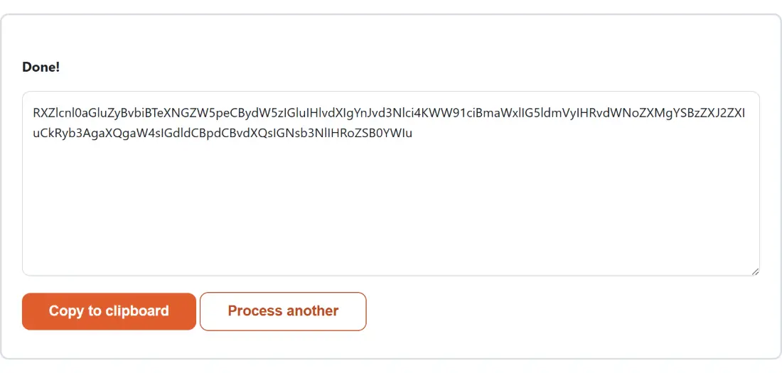 Screenshot of the Base64 Encode result screen showing the generated output “RXZlcnl0aGluZyBvbiBTeXNGZW5peCBydW5zIGluIHlvdXIg…”