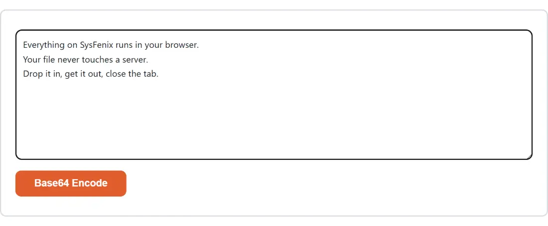 Screenshot of the Base64 Encode tool with the sample input “Everything on SysFenix runs in your browser. You…”