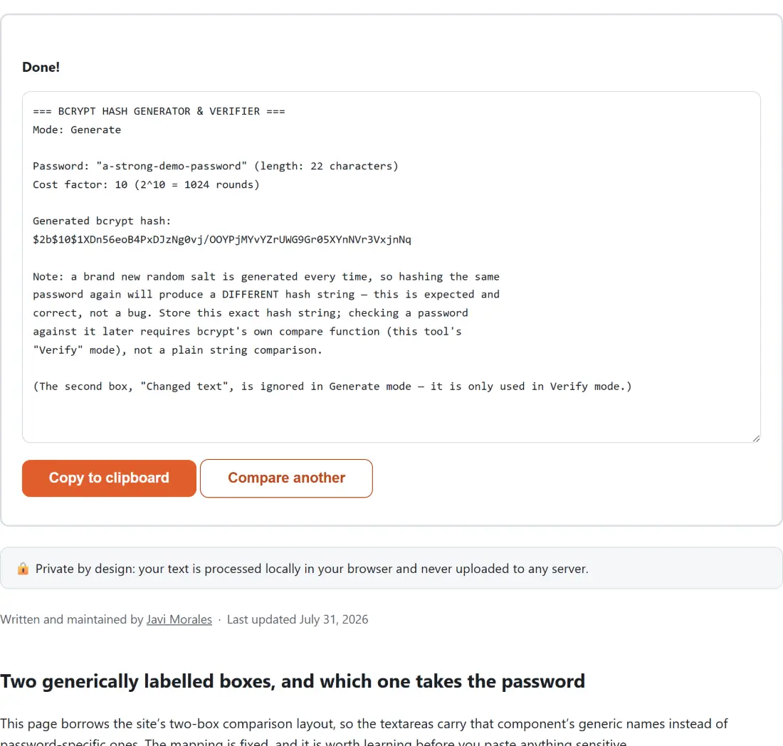 Screenshot of the Bcrypt Hash Generator & Verifier result screen showing the generated output “=== BCRYPT HASH GENERATOR & VERIFIER === Mode: G…”