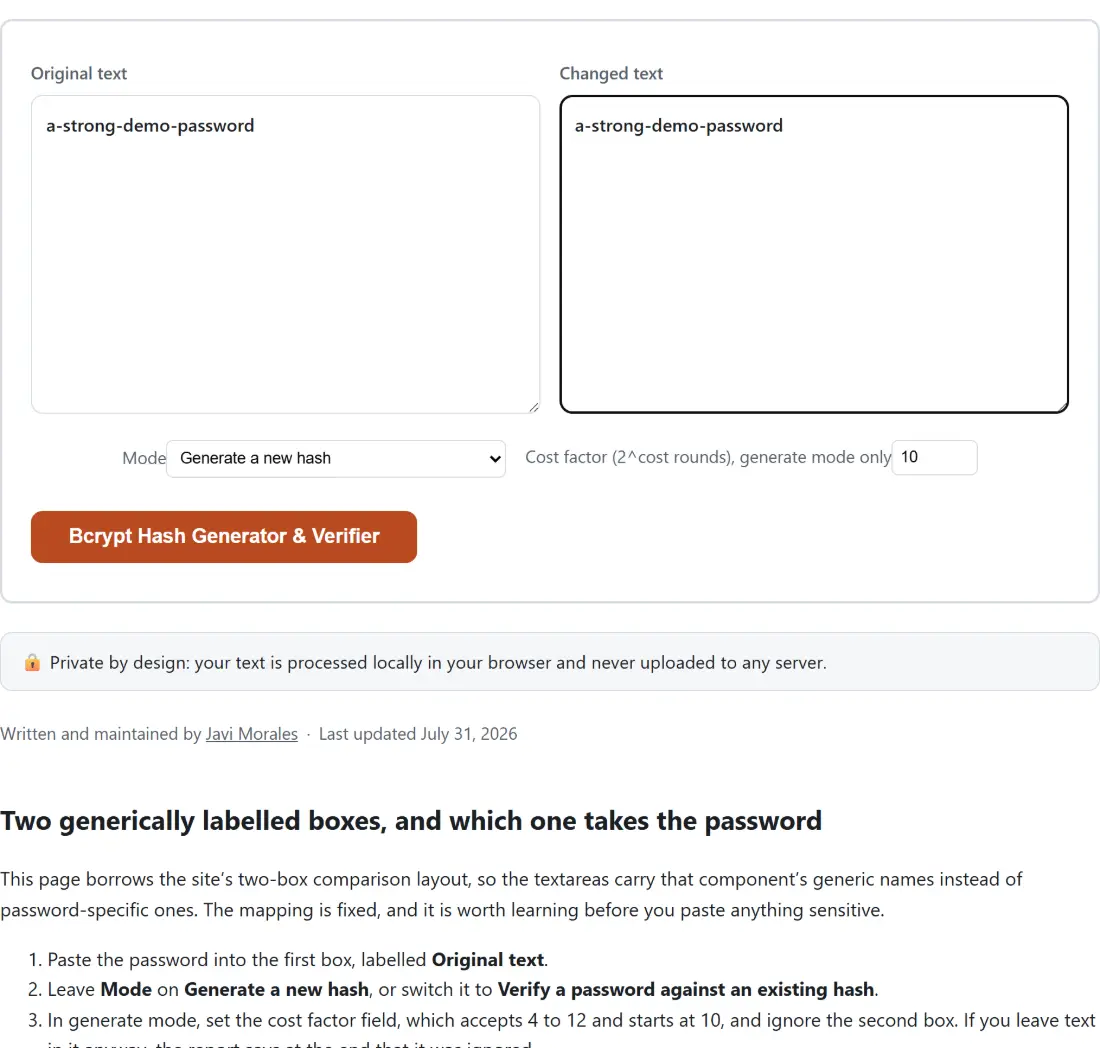 Screenshot of the Bcrypt Hash Generator & Verifier tool with the sample input “a-strong-demo-password”, Mode set to Generate a new hash, Cost factor (2^cost rounds), generate mode only set to 10