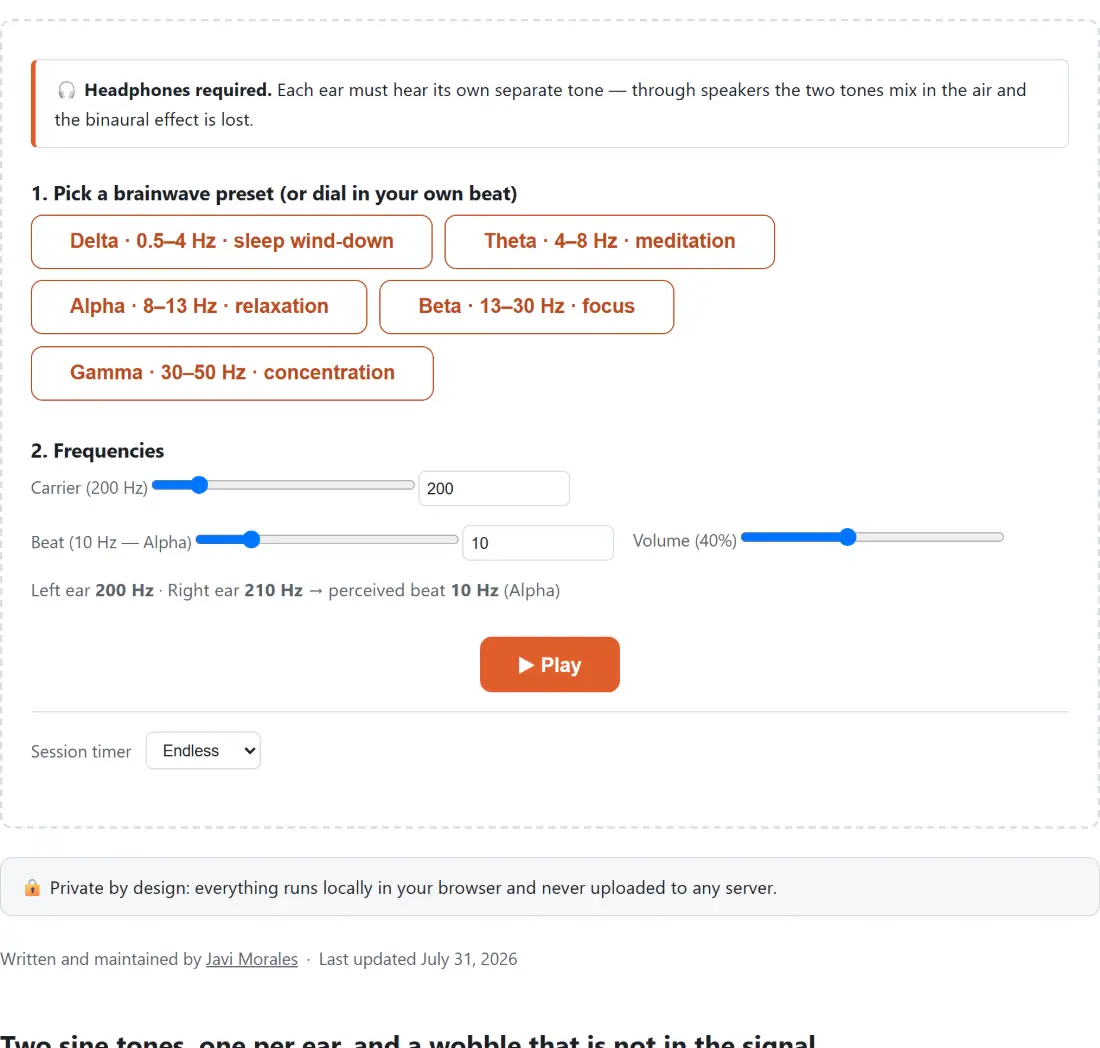 Screenshot of the Binaural Beats Generator tool with a binaural beat builder opening with the warning that headphones are required - each ear must hear its own tone, because through speakers the two mix in the air and the effect is lost - above the pitch and beat-frequency controls