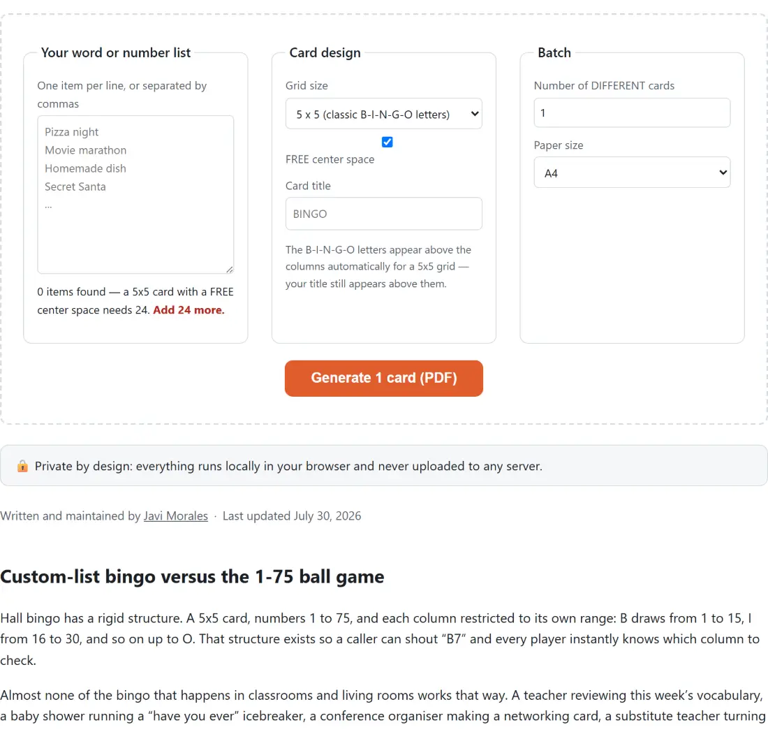 Screenshot of the Bingo Card Generator tool with a word or number list entered one per line, with the grid size chosen and a running check of whether there are enough items - a 5x5 card with a free centre space needs 24, and the tool says how many more are required