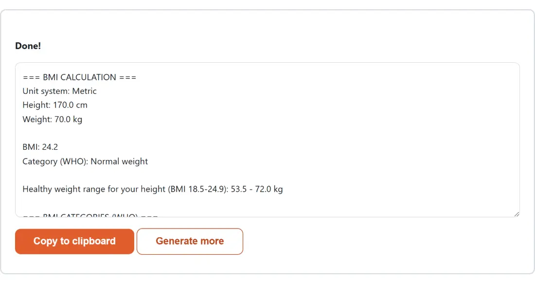 Screenshot of the BMI Calculator result screen showing the generated output “=== BMI CALCULATION === Unit system: Metric Heig…”