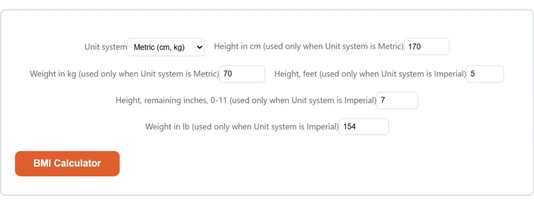 Screenshot of the BMI Calculator tool with Unit system set to Metric (cm, kg), Height in cm (used only when Unit system is Metric) set to 170