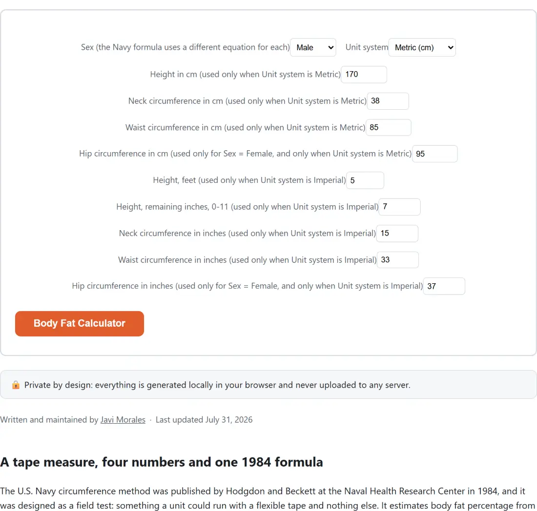 Screenshot of the Body Fat Calculator tool with Sex (the Navy formula uses a different equation for each) set to Male, Unit system set to Metric (cm)