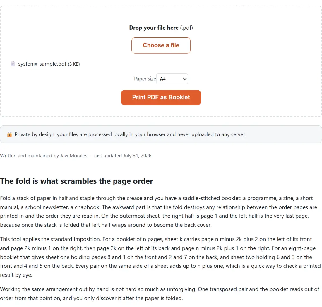 Screenshot of the Print PDF as Booklet tool with sysfenix-sample.pdf (3 KB) loaded, Paper size set to A4