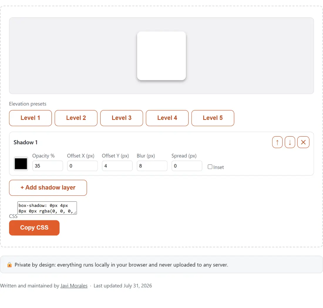 Screenshot of the CSS Box Shadow Generator tool with a preview box carrying the shadow being built, the generated CSS beneath it, and sliders for offset, blur, spread and colour plus a row of preset buttons