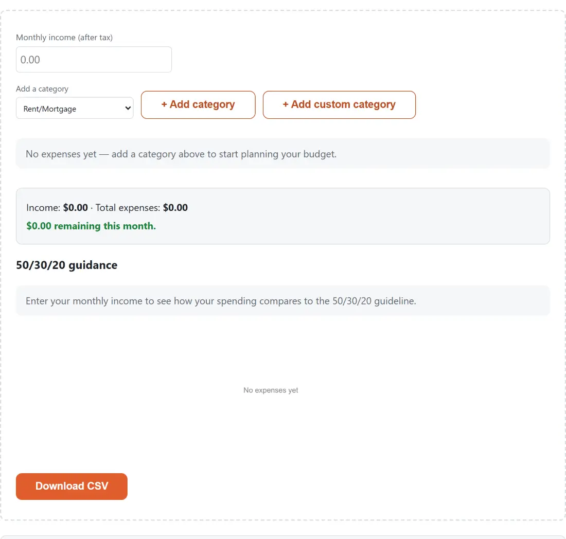 Screenshot of the Budget Planner tool with monthly after-tax income set against named spending categories - rent or mortgage, groceries, utilities, transport, insurance, minimum debt payments, healthcare, dining out, entertainment, shopping and subscriptions - with the balance tracked as amounts are entered