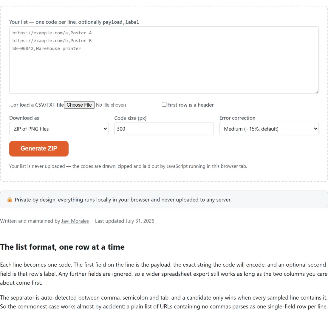 Screenshot of the Bulk QR Code Generator tool with a list typed one code per line, optionally as payload and label pairs, or loaded from a CSV or TXT file, generating a whole batch of QR codes at once