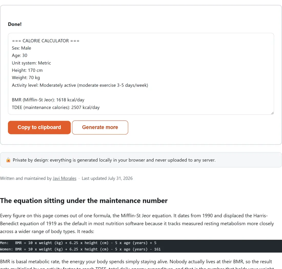 Screenshot of the Calorie Calculator result screen showing the generated output “=== CALORIE CALCULATOR === Sex: Male Age: 30 Uni…”