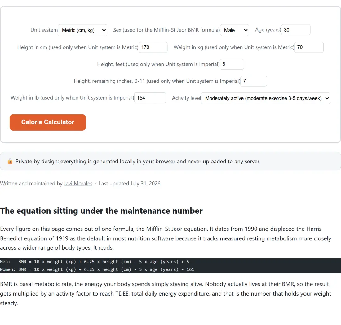 Screenshot of the Calorie Calculator tool with Unit system set to Metric (cm, kg), Sex (used for the Mifflin-St Jeor BMR formula) set to Male