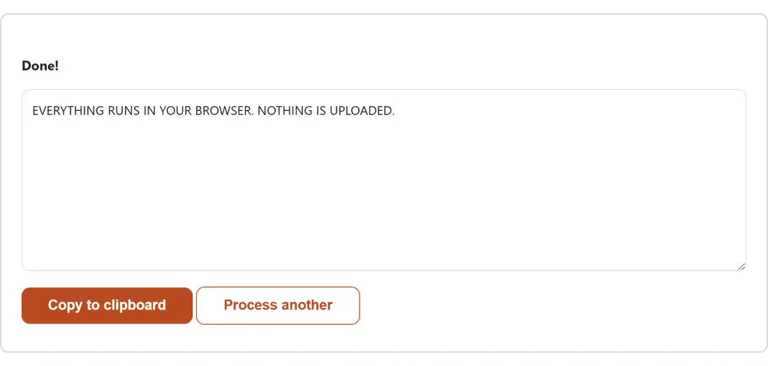 Screenshot of the Case Converter result screen showing the generated output “EVERYTHING RUNS IN YOUR BROWSER. NOTHING IS UPLO…”