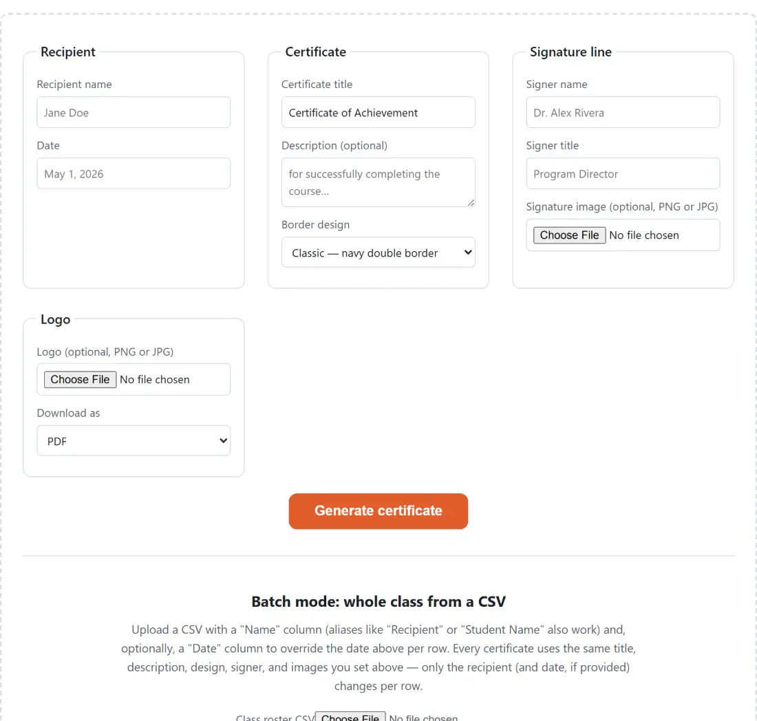 Screenshot of the Certificate Maker tool with recipient name and date, certificate title and optional description, with border designs from a classic navy double rule to a minimal modern frame, previewed as the printable certificate