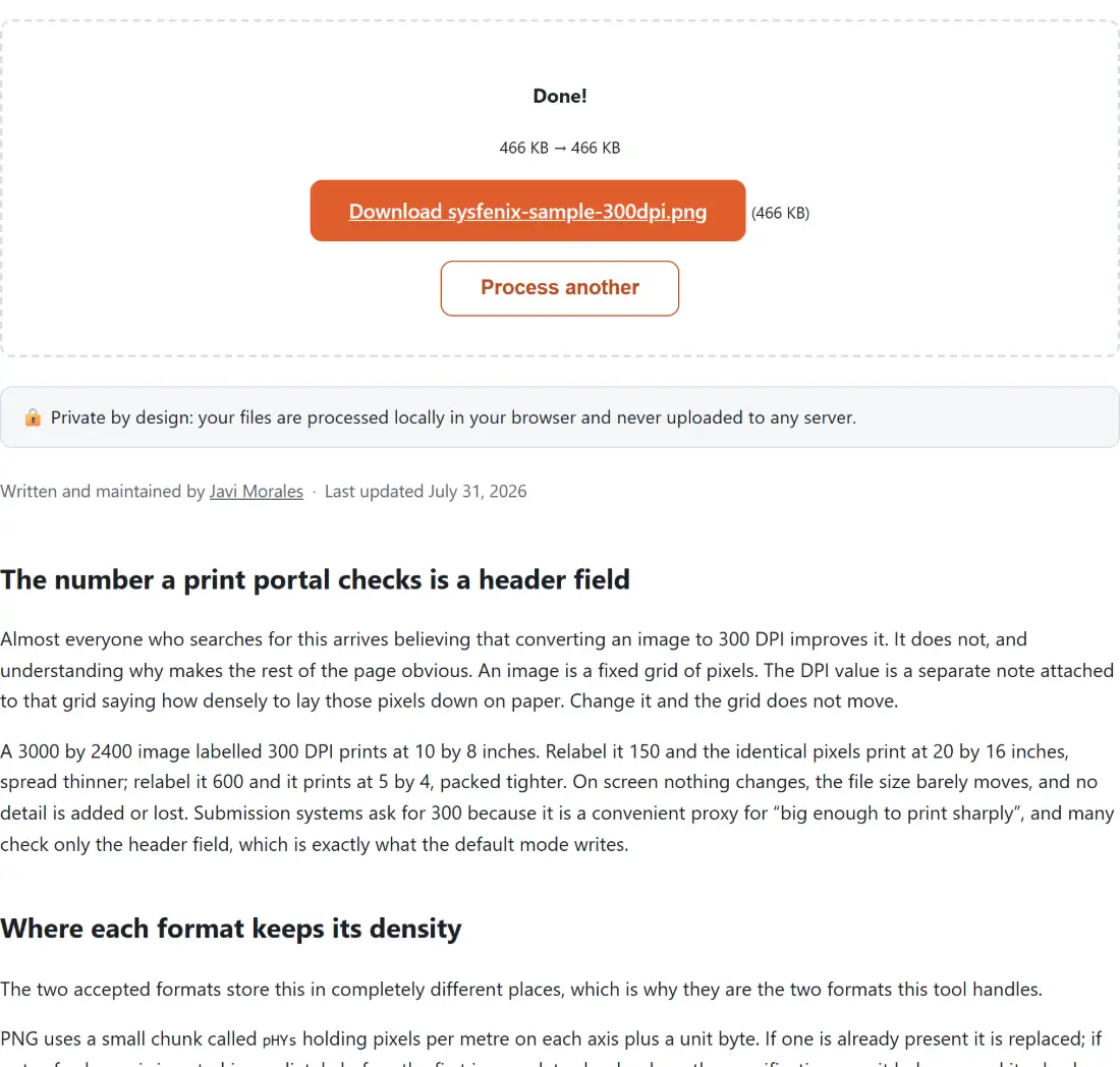 Screenshot of the Change Image DPI result screen showing sysfenix-sample-300dpi.png ready to download (466 KB)