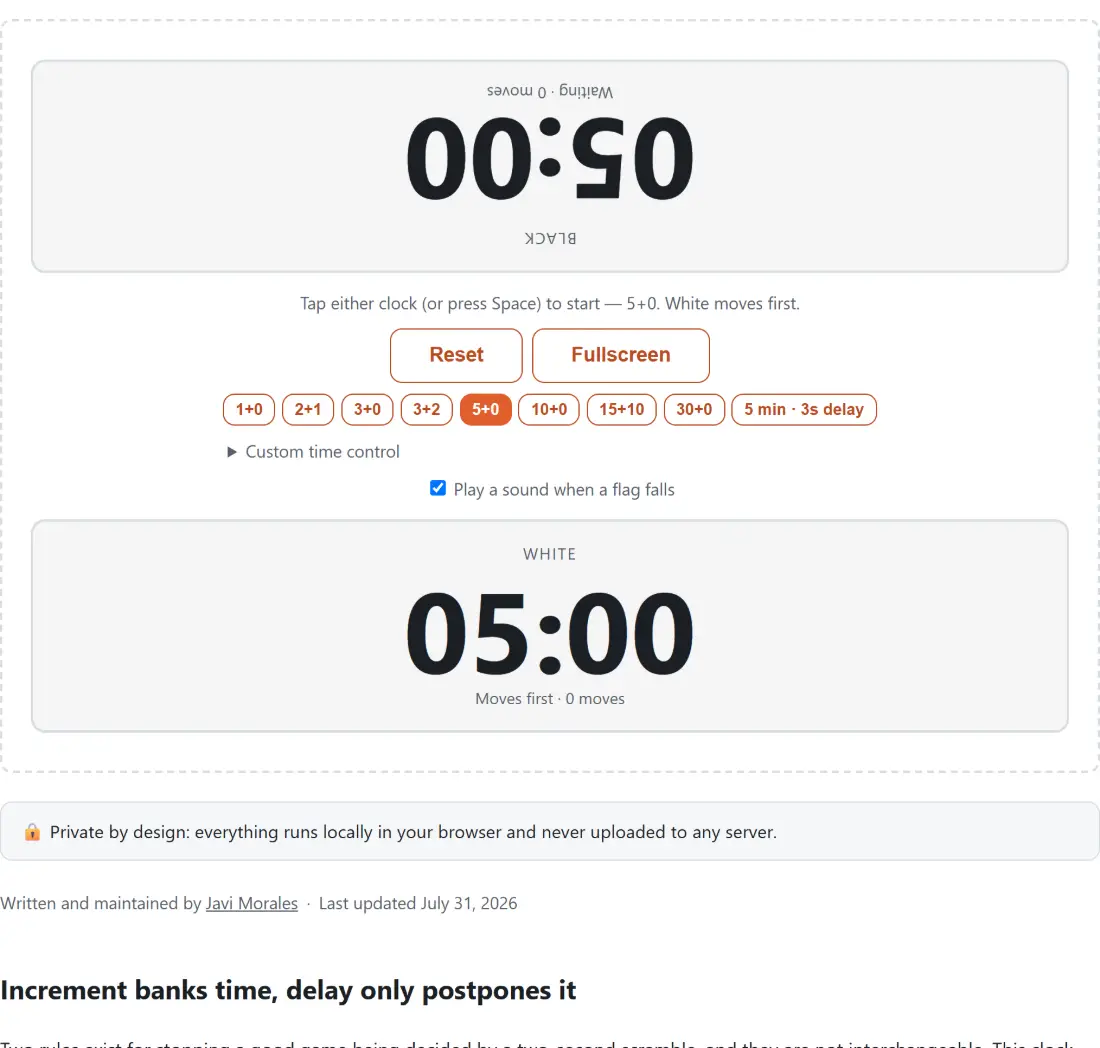 Screenshot of the Online Chess Clock tool with two clocks facing each other at 5+0 with White to move, started by tapping either clock or pressing Space, a move counter per side, a fullscreen mode and preset time controls from 1+0 through 30+0