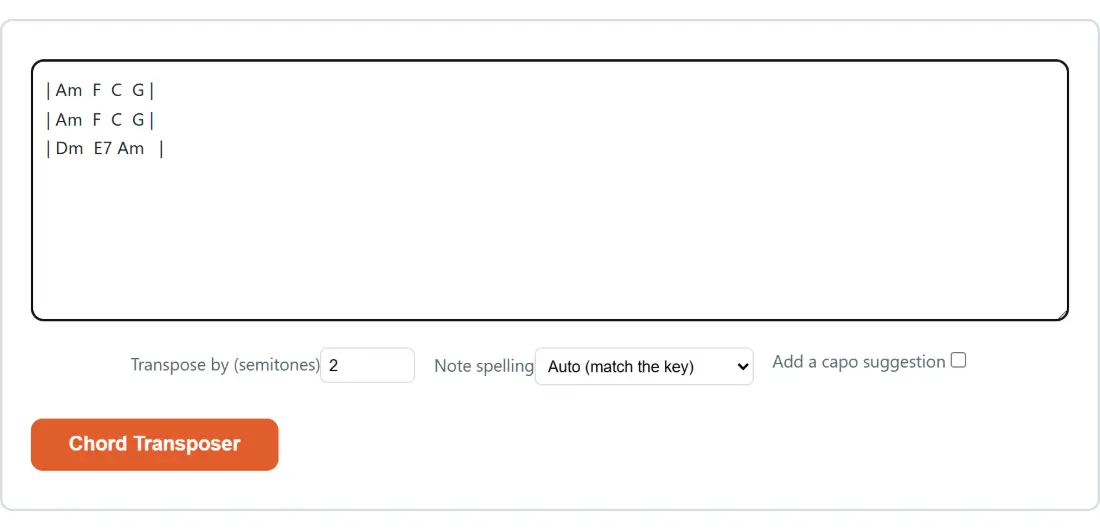 Screenshot of the Chord Transposer tool with the sample input “| Am F C G | | Am F C G | | Dm E7 Am |”, Transpose by (semitones) set to 2, Note spelling set to Auto (match the key)