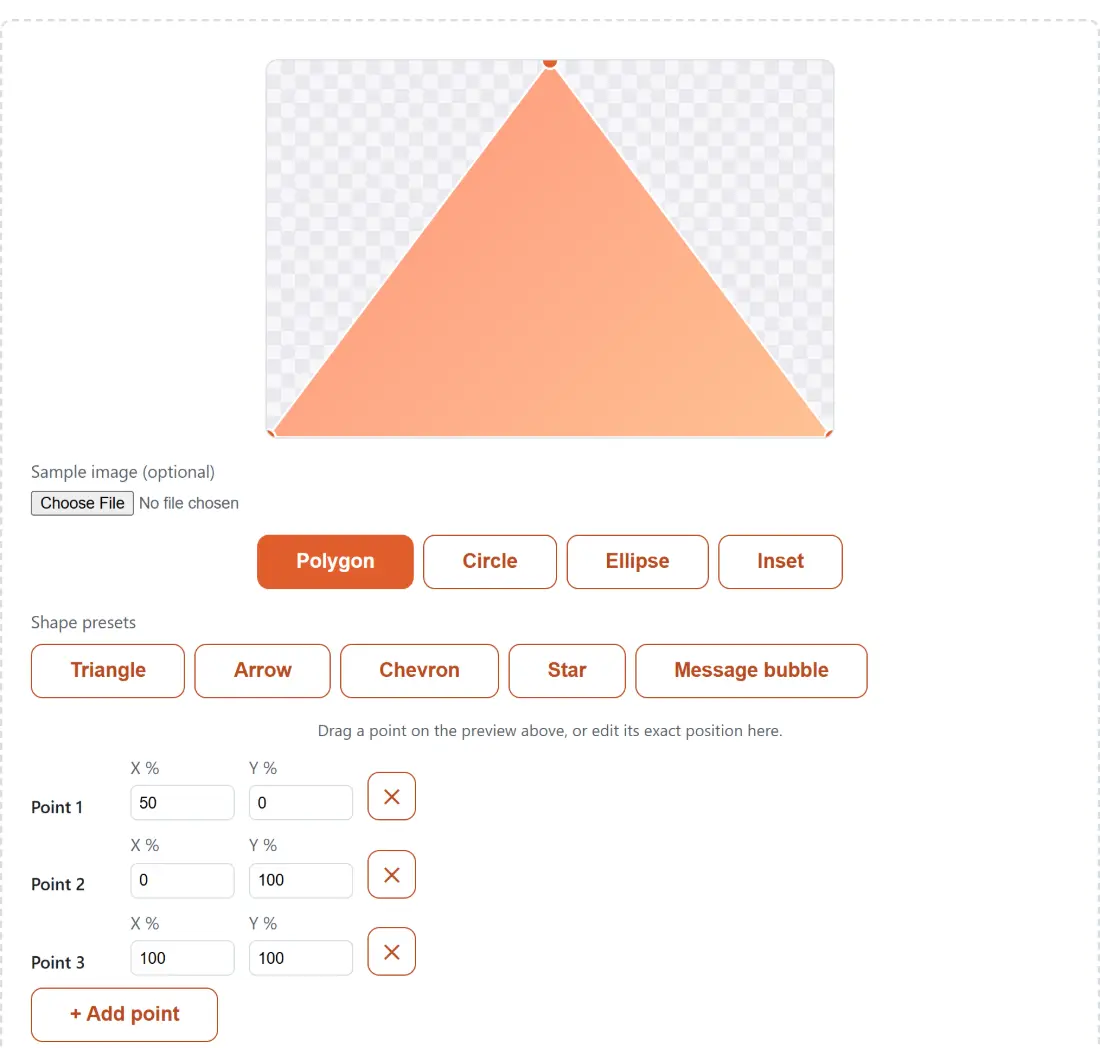 Screenshot of the CSS Clip-Path Generator tool with a shape editor with draggable points over a preview stage, the matching clip-path CSS below it, and a choice of starting shapes