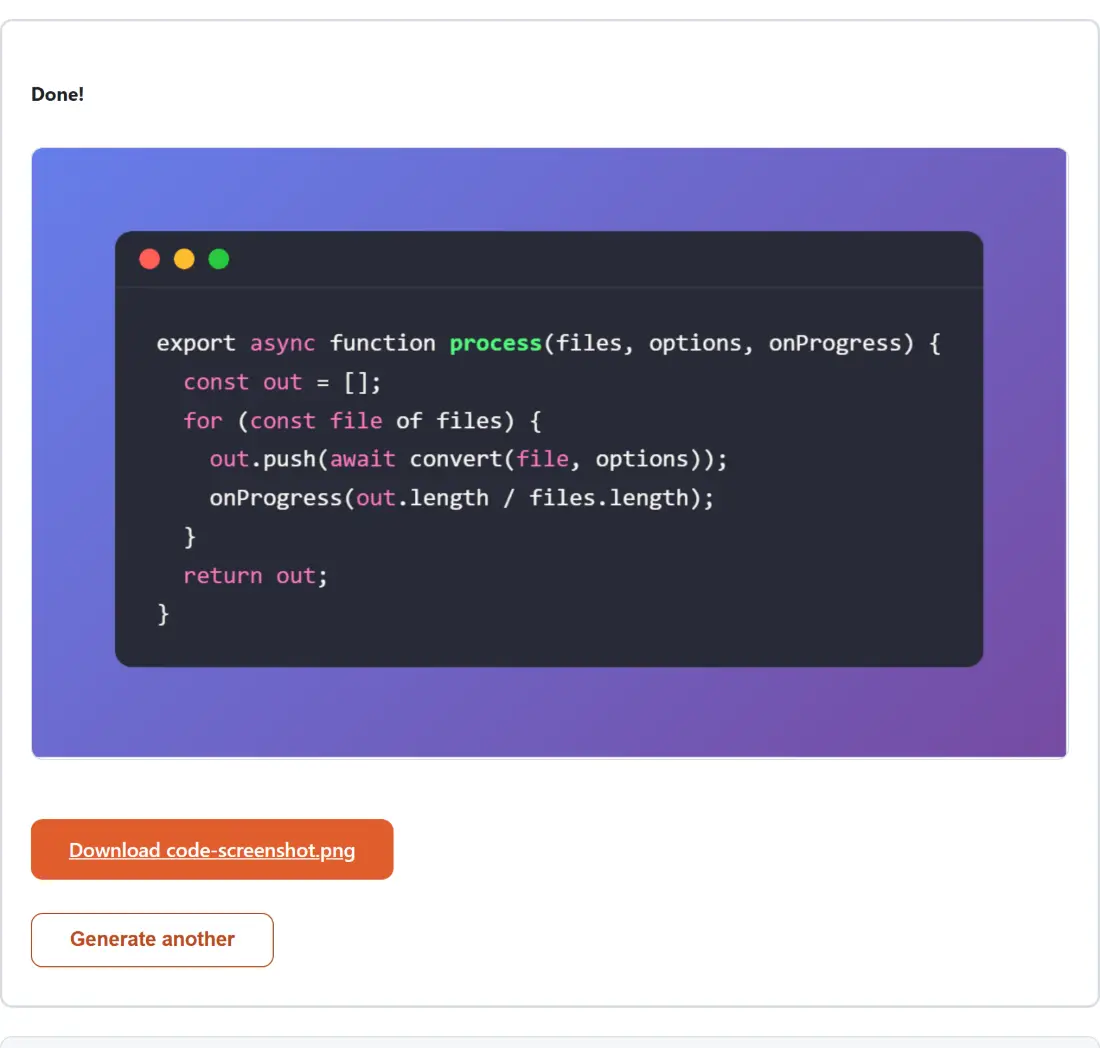 Screenshot of the Code to Image Screenshot Maker result screen showing code-screenshot.png ready to download (227 KB)