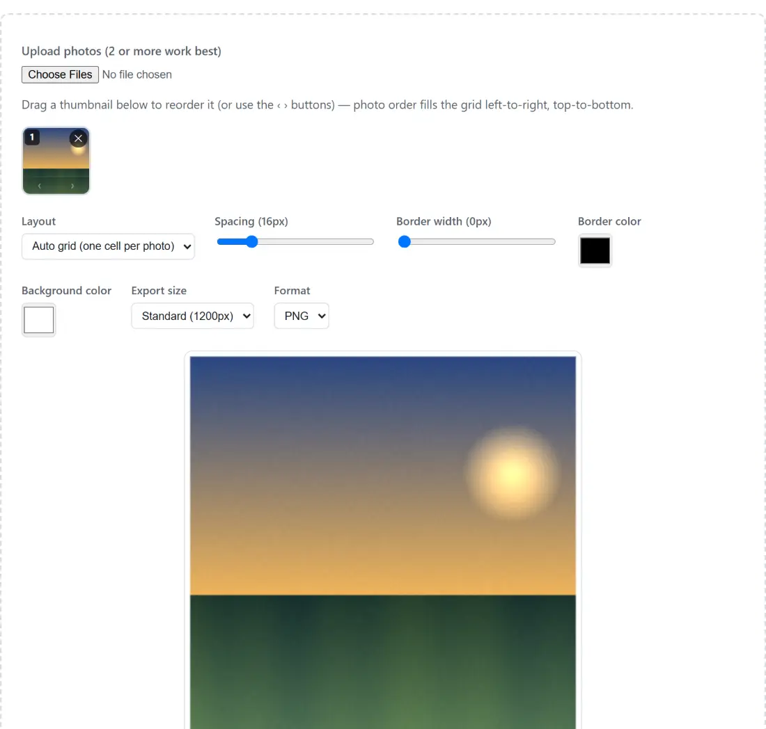 Screenshot of the Photo Collage Maker result screen showing the photo loaded as a draggable thumbnail and placed into the collage layout