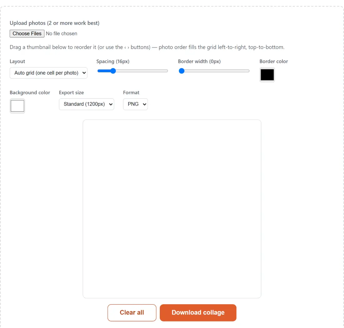 Screenshot of the Photo Collage Maker tool with an empty photo tray, noting that two or more images work best, with the layout grid waiting beside it