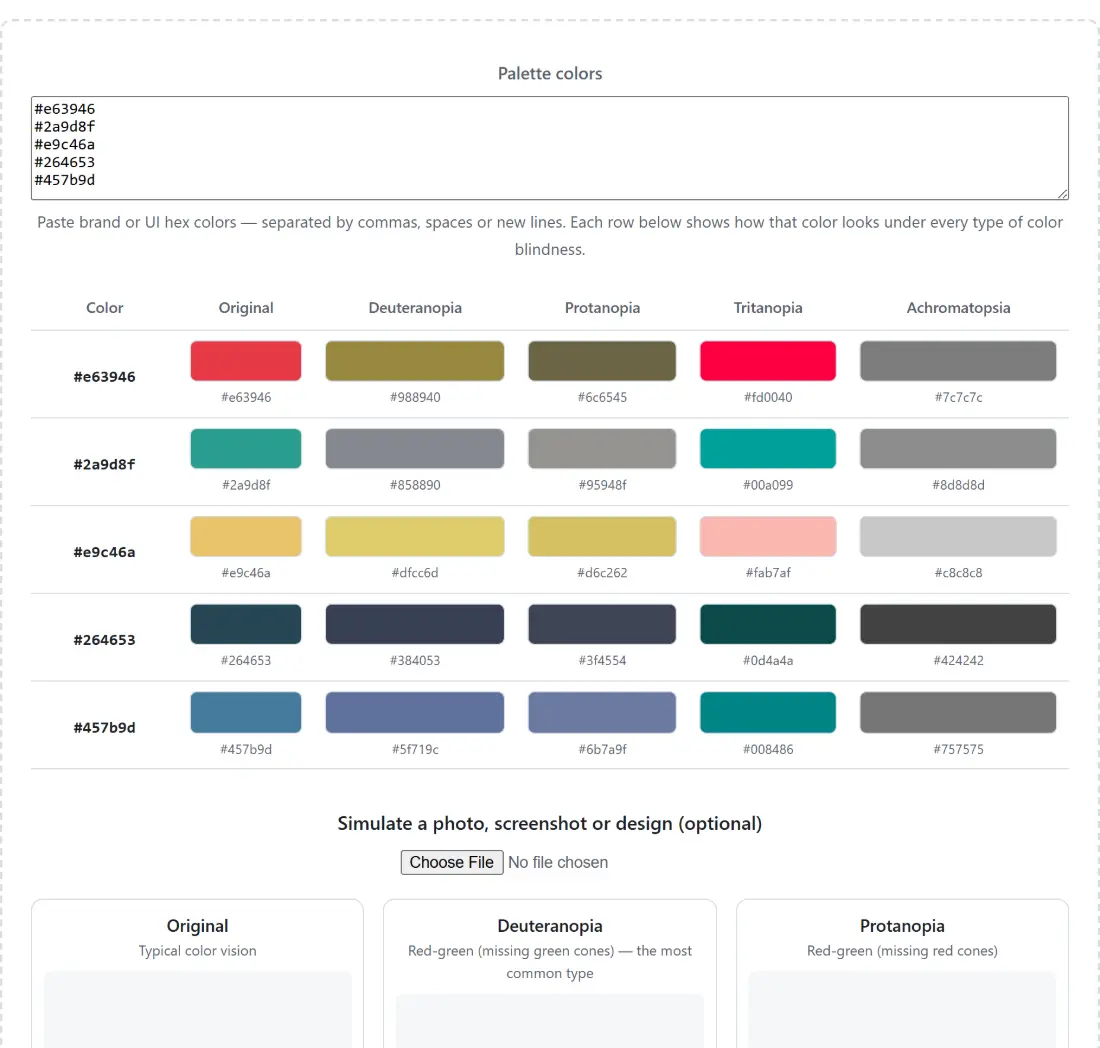 Screenshot of the Color Blindness Simulator tool with an empty dropzone waiting for an image to simulate colour-vision deficiencies against
