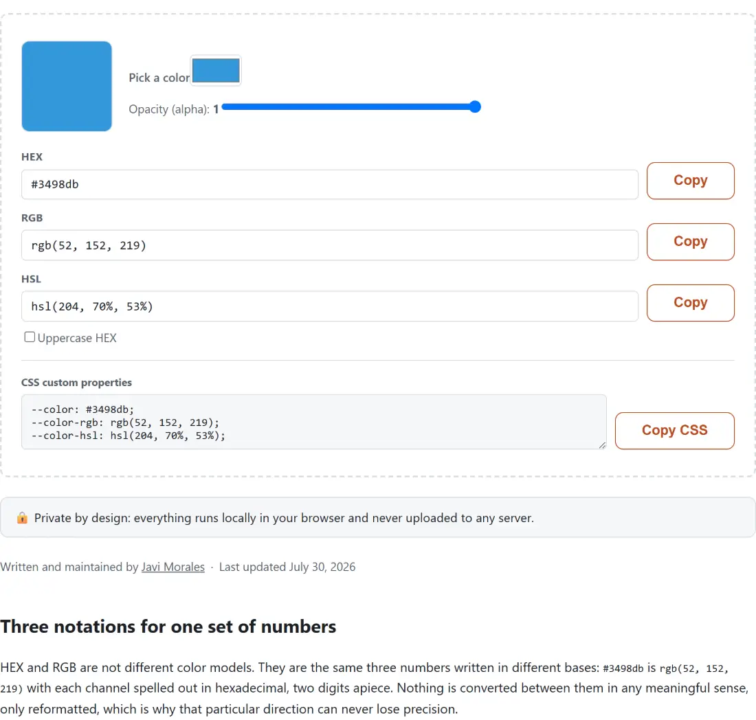 Screenshot of the Color Converter, HEX, RGB & HSL tool with one colour shown simultaneously as HEX, RGB, HSL and other notations, each in its own copyable field, with a picker and a swatch driving them all
