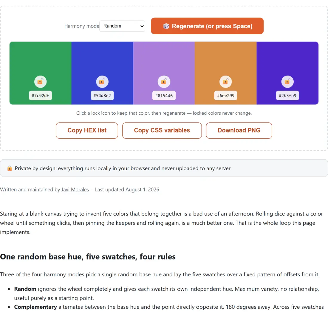 Screenshot of the Color Palette Generator tool with a generated palette shown as full-height colour columns, each with its hex value and a lock button so a colour can be kept while the rest are regenerated