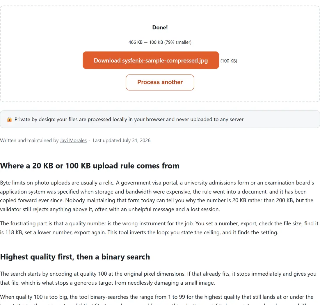 Screenshot of the Compress Image to Exact Size result screen showing sysfenix-sample-compressed.jpg ready to download (100 KB, 79% smaller)