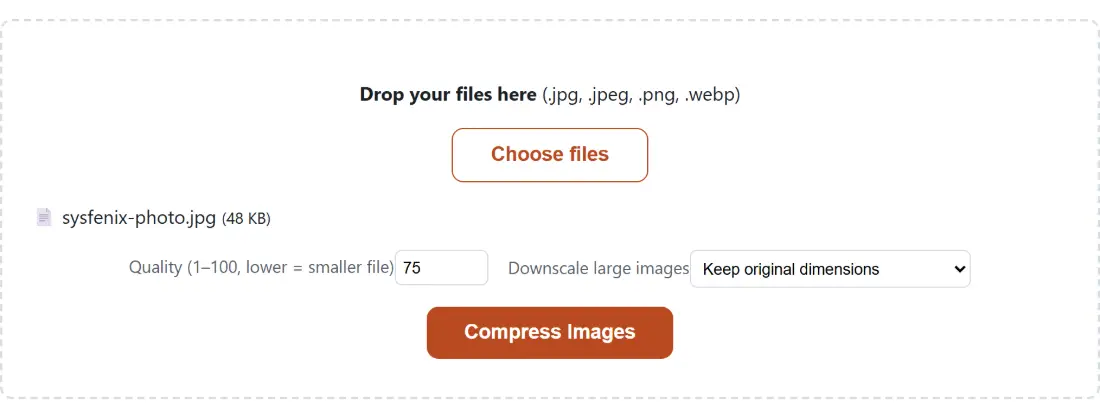 Screenshot of the Compress Images tool with sysfenix-photo.jpg (48 KB) loaded, Quality (1–100, lower = smaller file) set to 75, Downscale large images set to Keep original dimensions