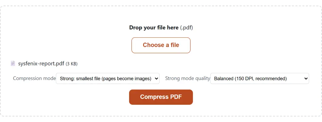 Screenshot of the Compress PDF tool with sysfenix-report.pdf (3 KB) loaded, Compression mode set to Strong: smallest file (pages become images), Strong mode quality set to Balanced (150 DPI, recommended)