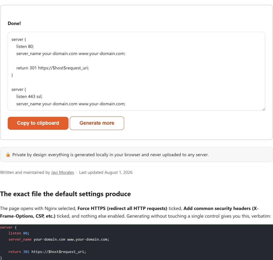 Screenshot of the Nginx & .htaccess Config Generator result screen showing the generated output “server { listen 80; server_name your-domain.com …”