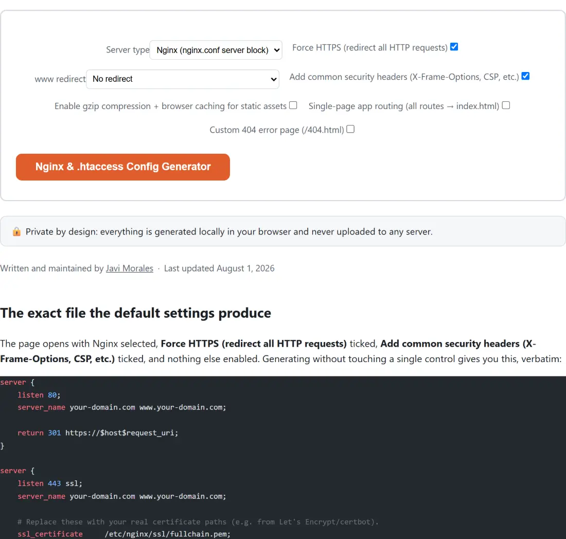 Screenshot of the Nginx & .htaccess Config Generator tool with Server type set to Nginx (nginx.conf server block), Force HTTPS (redirect all HTTP requests) set to on