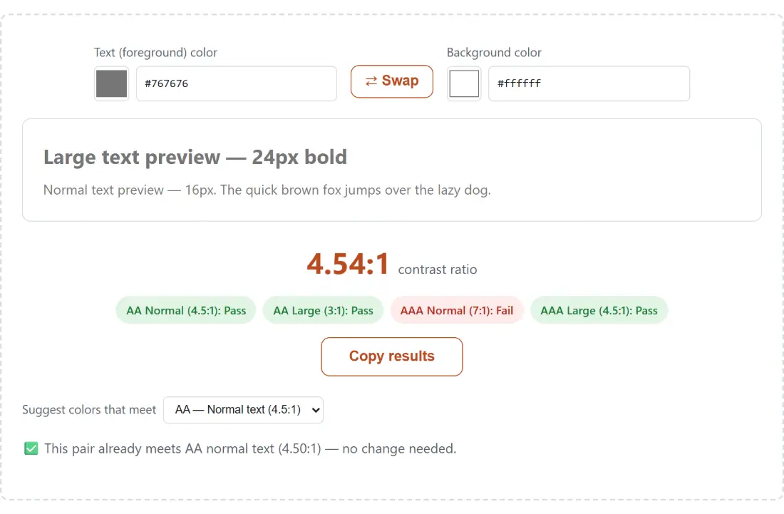Screenshot of the WCAG Color Contrast Checker tool with its default #767676-on-white pair, the live large/normal text preview and the WCAG AA/AAA pass-fail badges